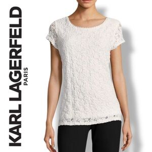 Karl Lagerfeld Paris White Lace Cap-Sleeve Tee Small EUC
